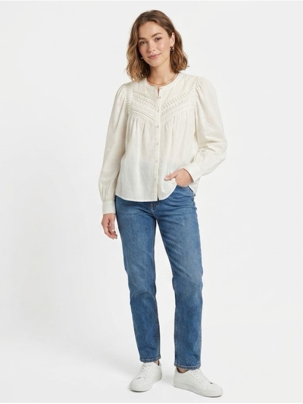 Time and Tru Textured Yoke Cotton Button-Front Blouse with Long Puff Sleeves - Picture 3 of 8